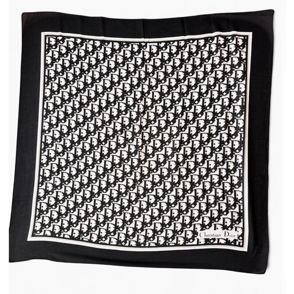 Christian Dior Authentic Vintage Oblique Trotter Scarf – Black Cotton Logo Print